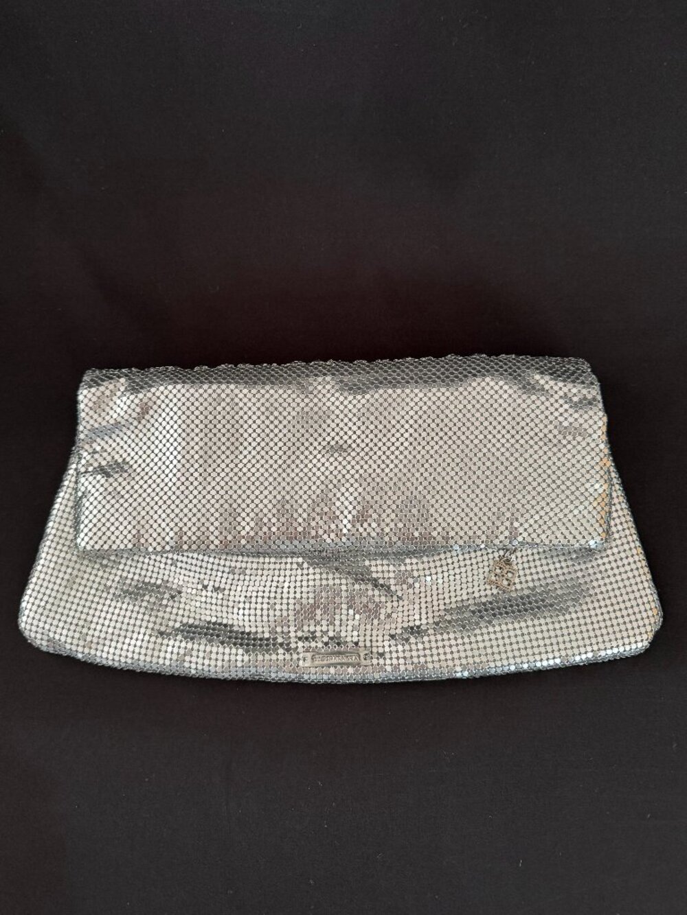 BCBGMaxAzria Silver Metallic Mesh Foldover Clutch Brighton Bag